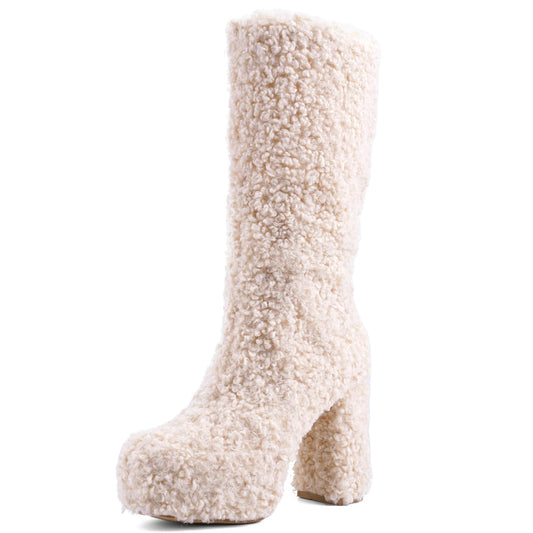 JilTrdWei Mid Calf Fluffy Furry Boots Warm Platform Chunky High Heel Pull On Boots Fashion Winter shoes-beige-6