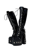 Frankie Hsu Goth Sexy Chunky Platform Knee High Heeled Lace Up Boots, Black Patent Silver Multi Buckle Gothic, Punk Y2K Hot Girl Big Large Size Wide Calf Long Shoes For Women Men