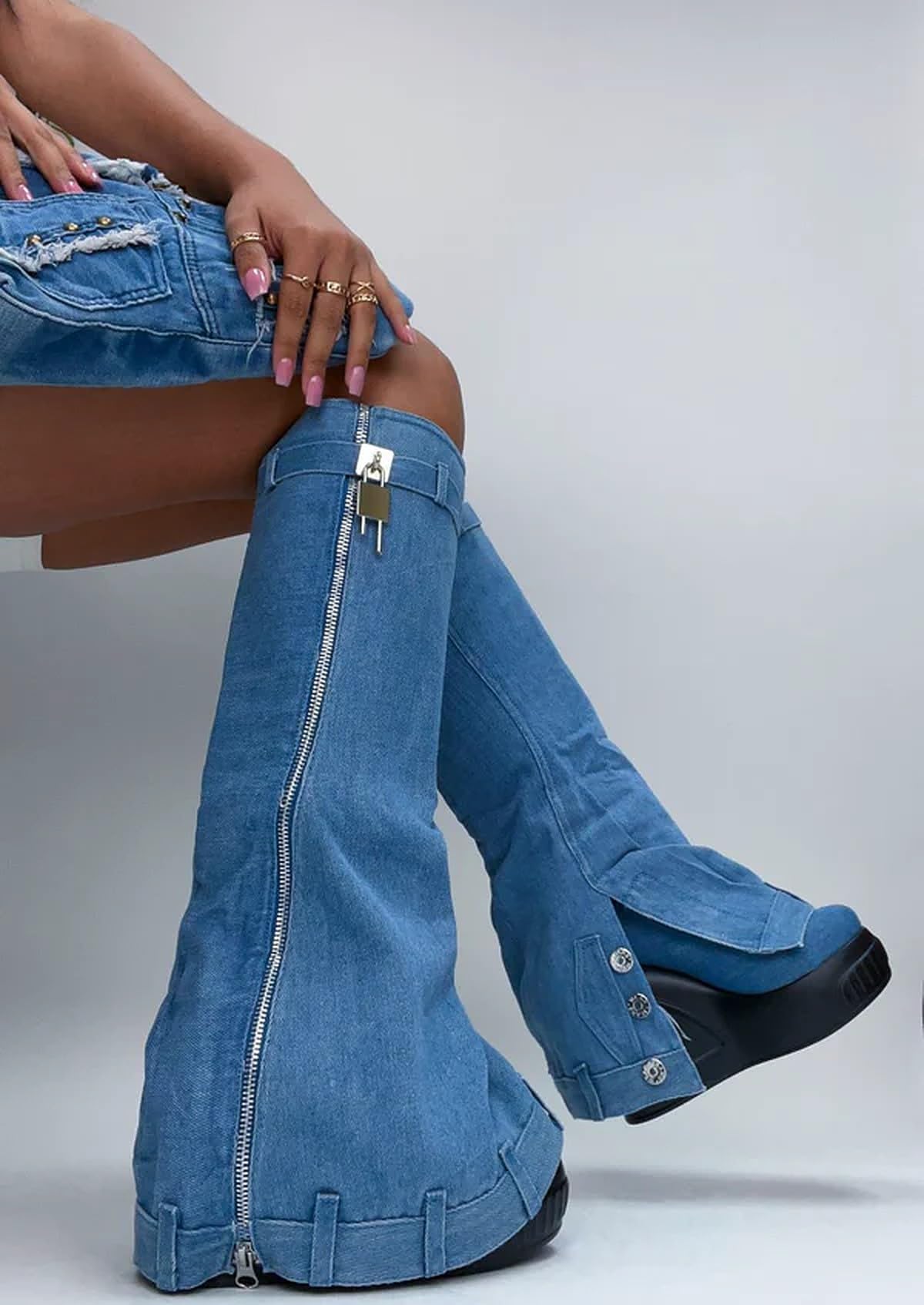 LEMONADE Women Denim Fold Over Platform Knee High Boots with Padlock Smarty Pants Denim