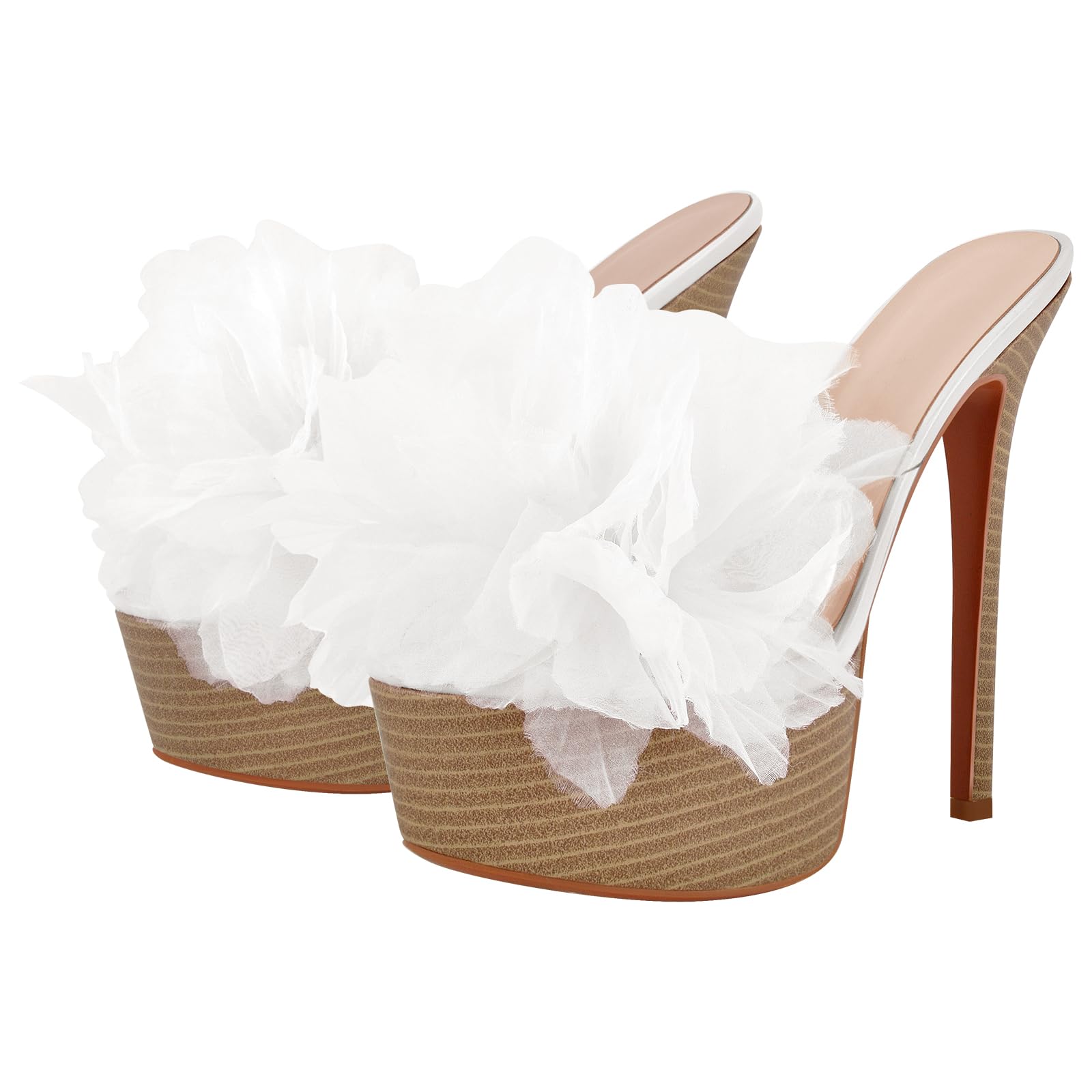 Rhineshell Women's Platform Slides Sandals Flower Stilettos High Heels Round Open Toe Slip On Slim Heeled Sandal Clear Upper Party Prom Shoes White Size 11