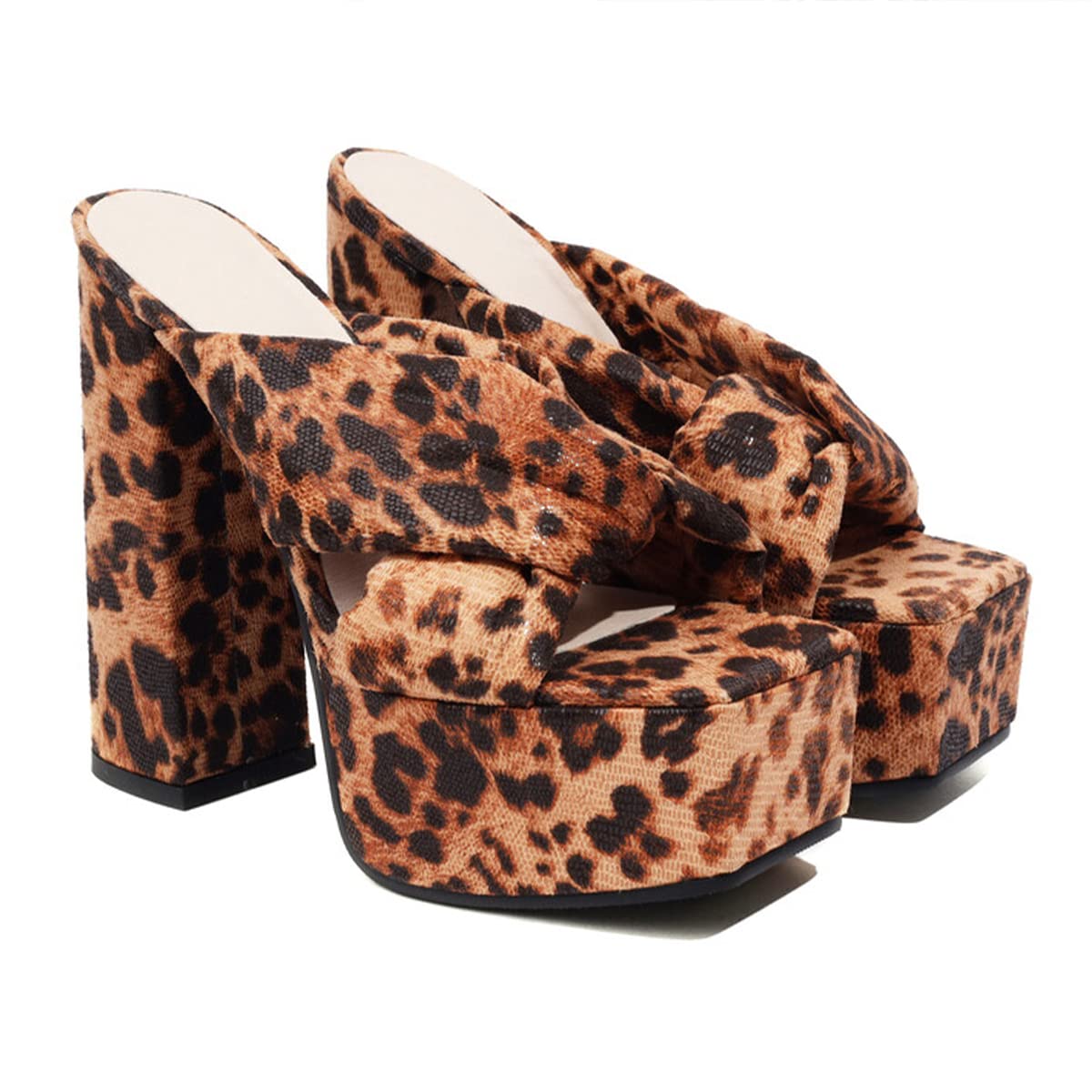 CoceMoce Gorgeous Thick Chunky High Heel Platform Pumps Leopard for Women Square Open Toe Cross-Band Backless Slip-On Summer Dress Shoes Ballroom Dancing Club Evening Party Size 10 US