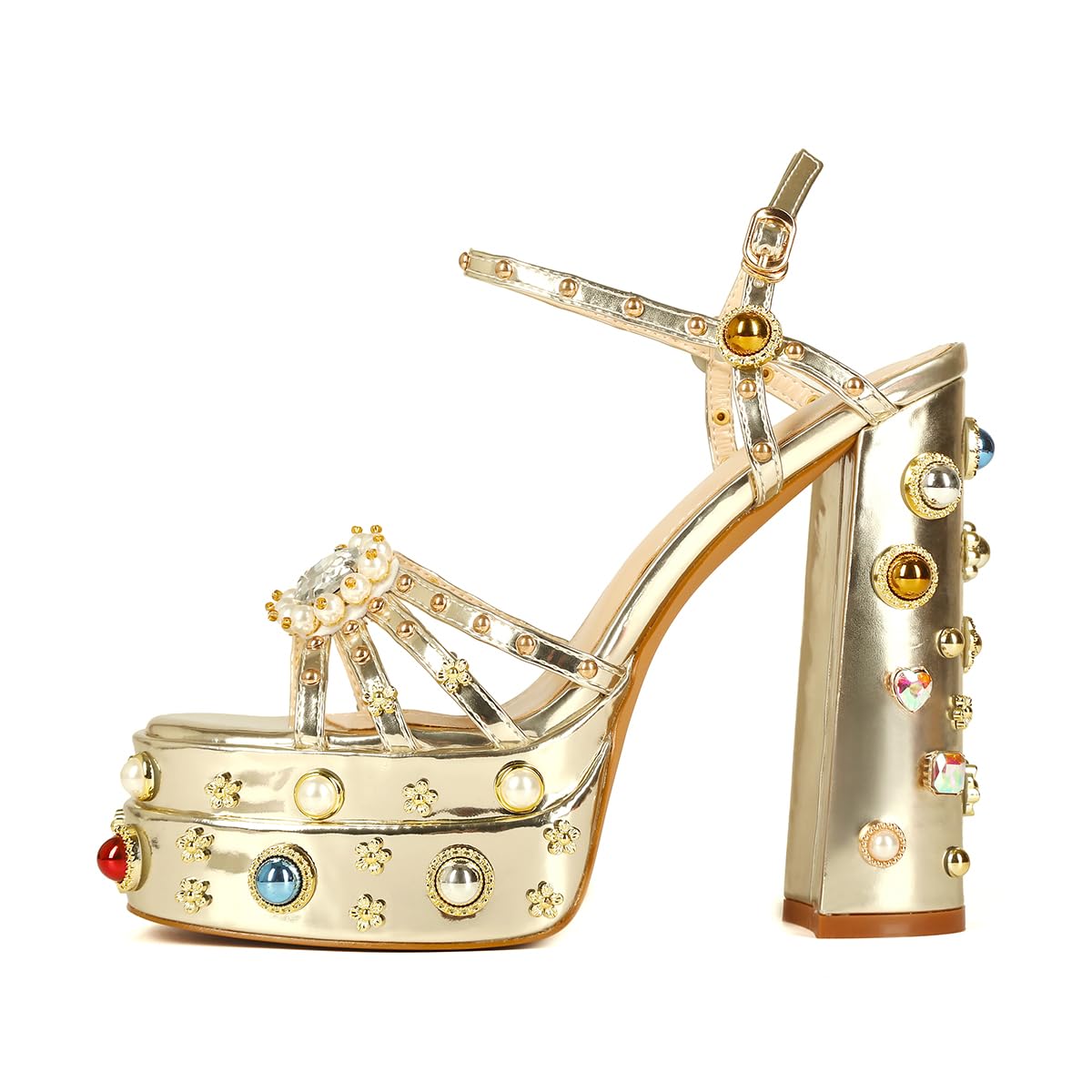 Gold Feinlina Women Rhinestone High Chunky Platform Heel