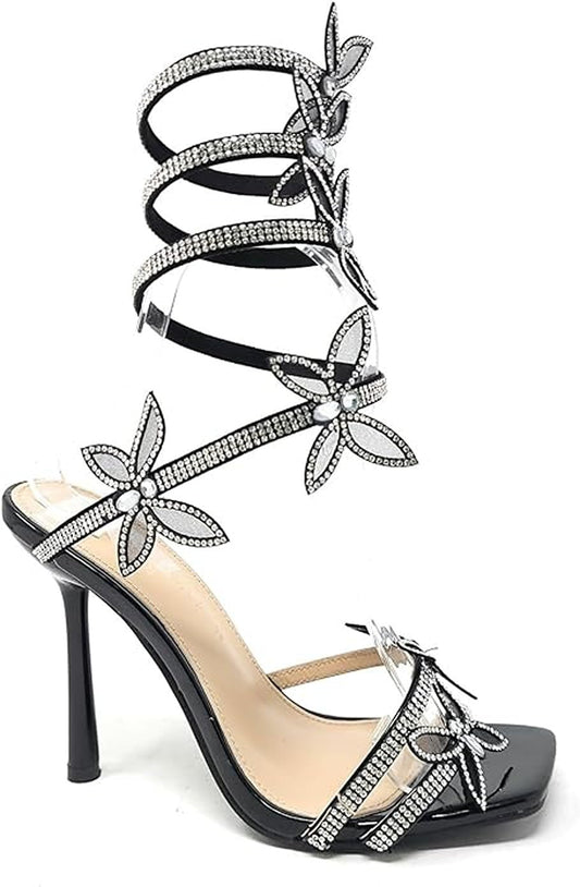 Wild Diva Women Butterfly Rhinestone Strappy High Heels Sandals Narala 41 Black 7