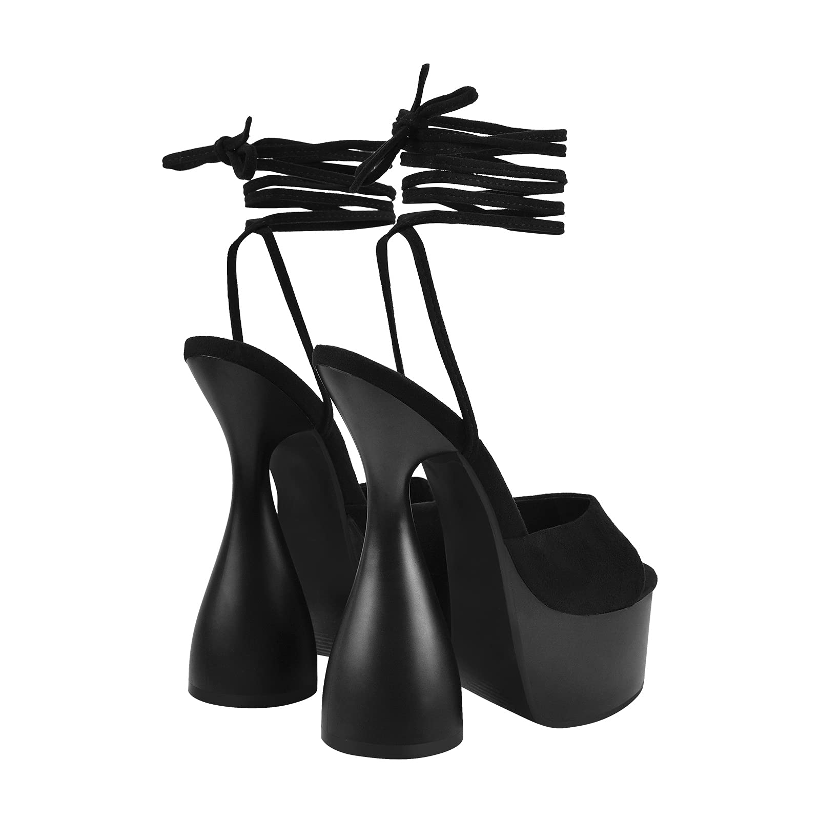 LISHAN Women's Round Open Toe Platform Lace Up Block Chunky High Heels Ankle Strappy Solid Color Gladiator Faux Suede Fashionable Anti-slip Heeled Sandals Nightclub Date Party Shoes Black
