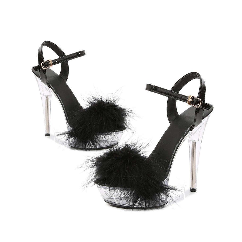 Baffoloo Women's Clear Platform Stiletto Fuzzy High-heeled Ankle Strap Party Casual Sexy Heels for Dancing Pole Dance Heels Casual Sandals Black