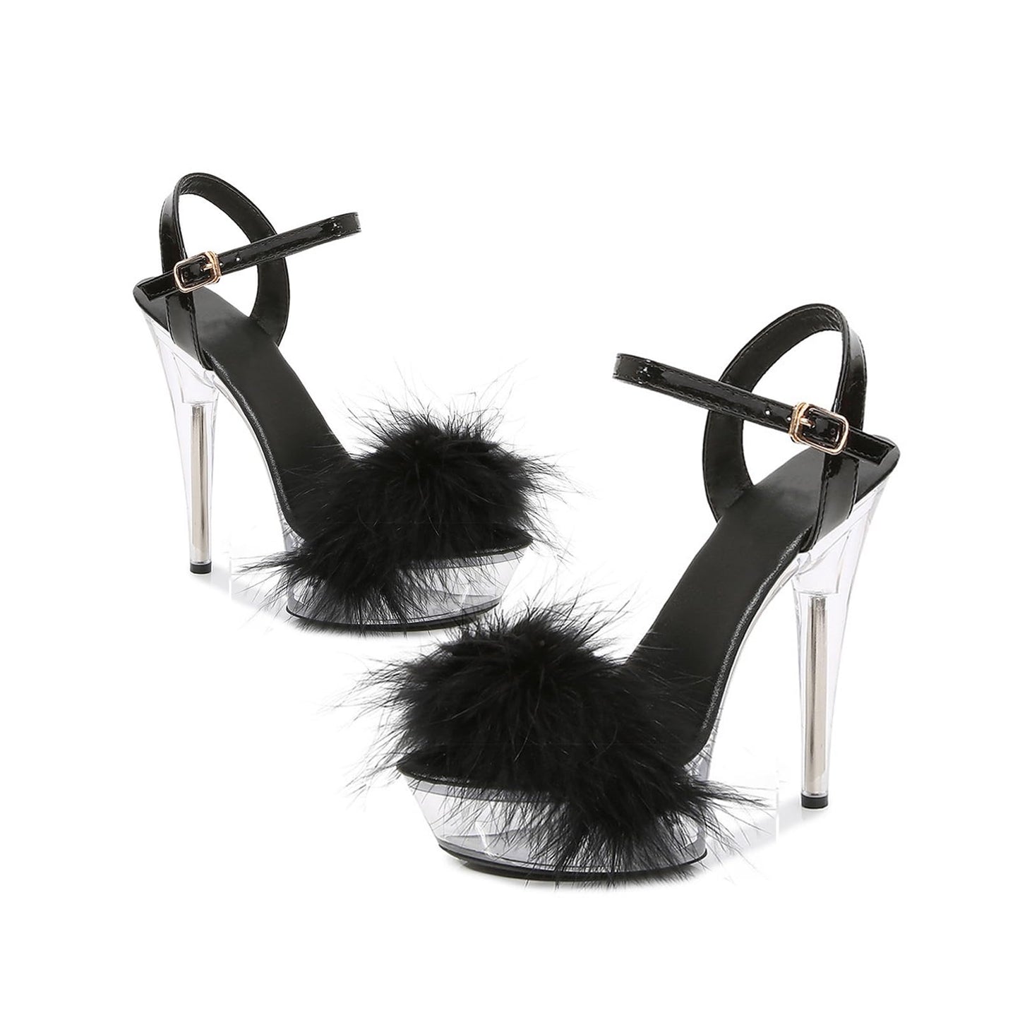 Baffoloo Women's Clear Platform Stiletto Fuzzy High-heeled Ankle Strap Party Casual Sexy Heels for Dancing Pole Dance Heels Casual Sandals Black