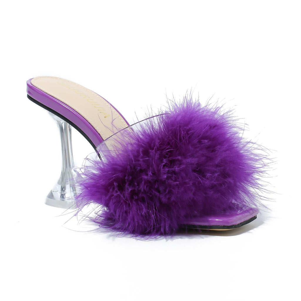 LIURUIJIA Women's Square Toe Feather Fluffy Fuzzy Heels High Heeled Dress Sandals Wedding Bridal Party Shoes Purple