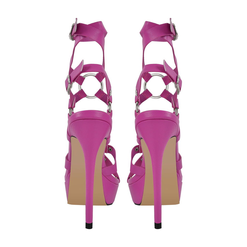 VERISSON Women's Grommets Stiletto Sandals Platform Open-back High Heels Cross Bands Open Toe Buckle-up Ankle Sandals Party Dressing Magenta Size 7