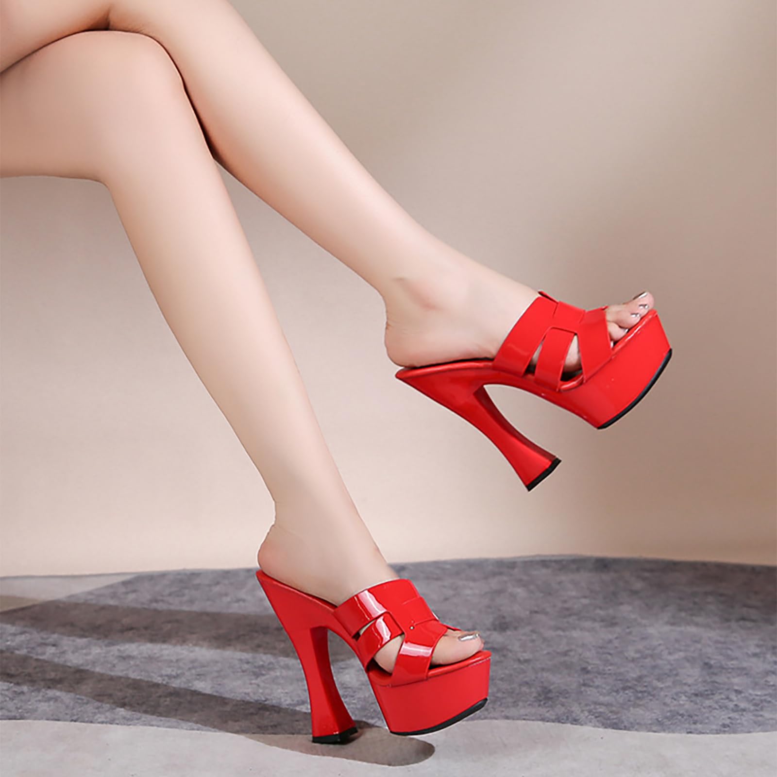 BOEGBNW Women'S Cross Strap Peep-Toe Platform High Block Heel Slide Sandals Fashion Slip On Round Open Toe Comfort Chunky Heel Mules Wedding Prom Party Sexy Backless Dress Shoes (Red,8)