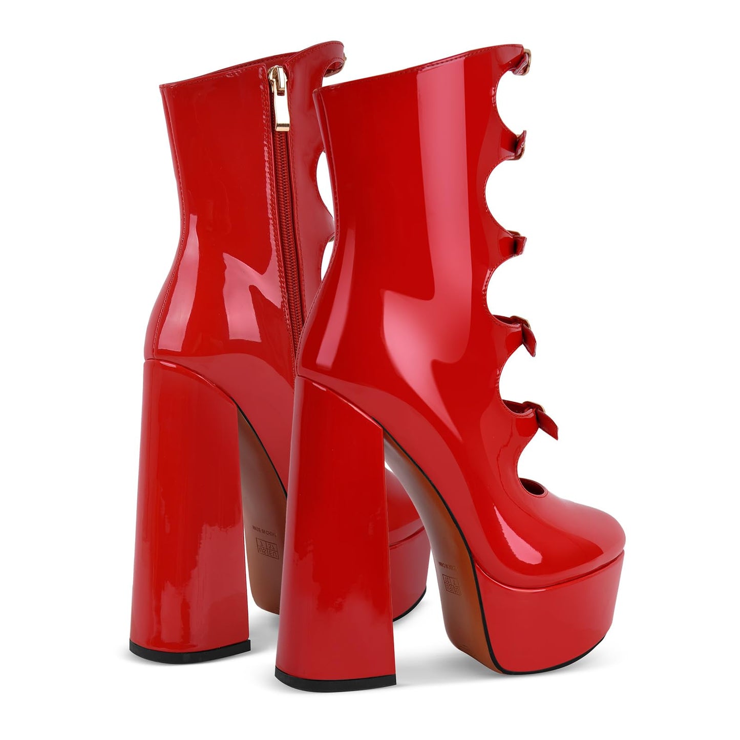 Rhineshell Women's Platform High Heels Side Zipper Adjustable Buckles Block Chunky Heel Faux Patent Leather Pumps Round Closed Toe Party Dress Hollow Out Ankle High Sandals Shoes Red