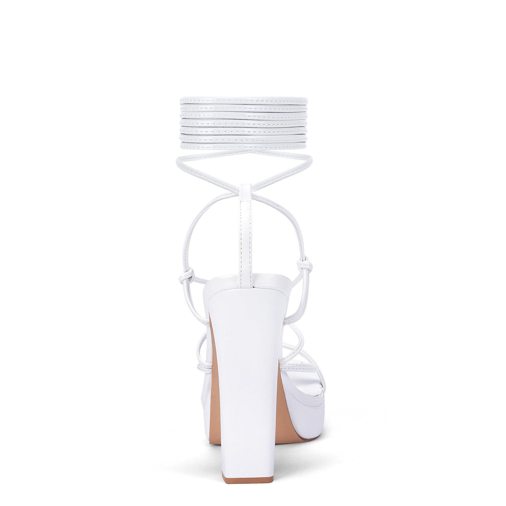 Elisabet Tang Women's Strappy Heeled Sandals, 5 inch Platform Heels Chunky Lace up High Heels Open Toe Party Shoes White Patent