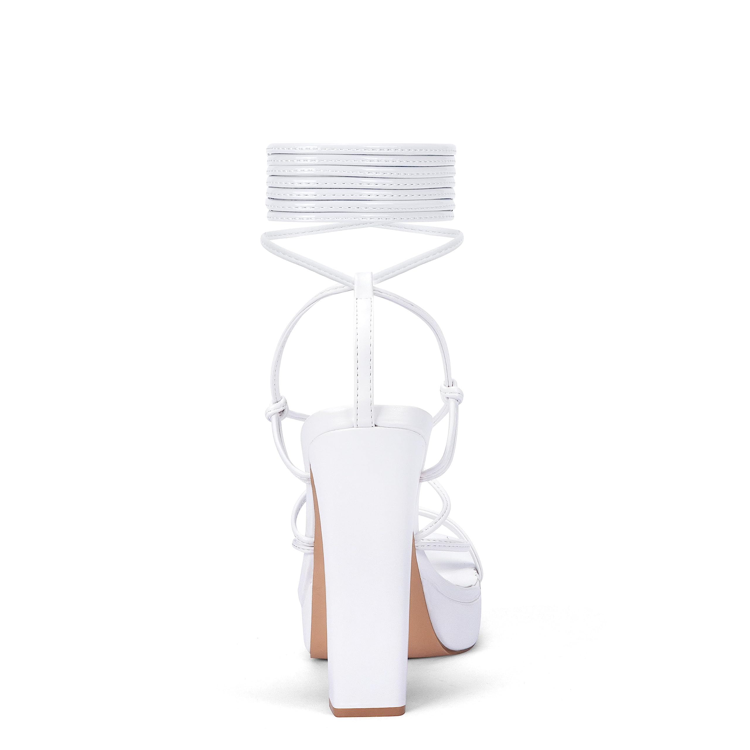 Elisabet Tang Women's Strappy Heeled Sandals, 5 inch Platform Heels Chunky Lace up High Heels Open Toe Party Shoes White Patent