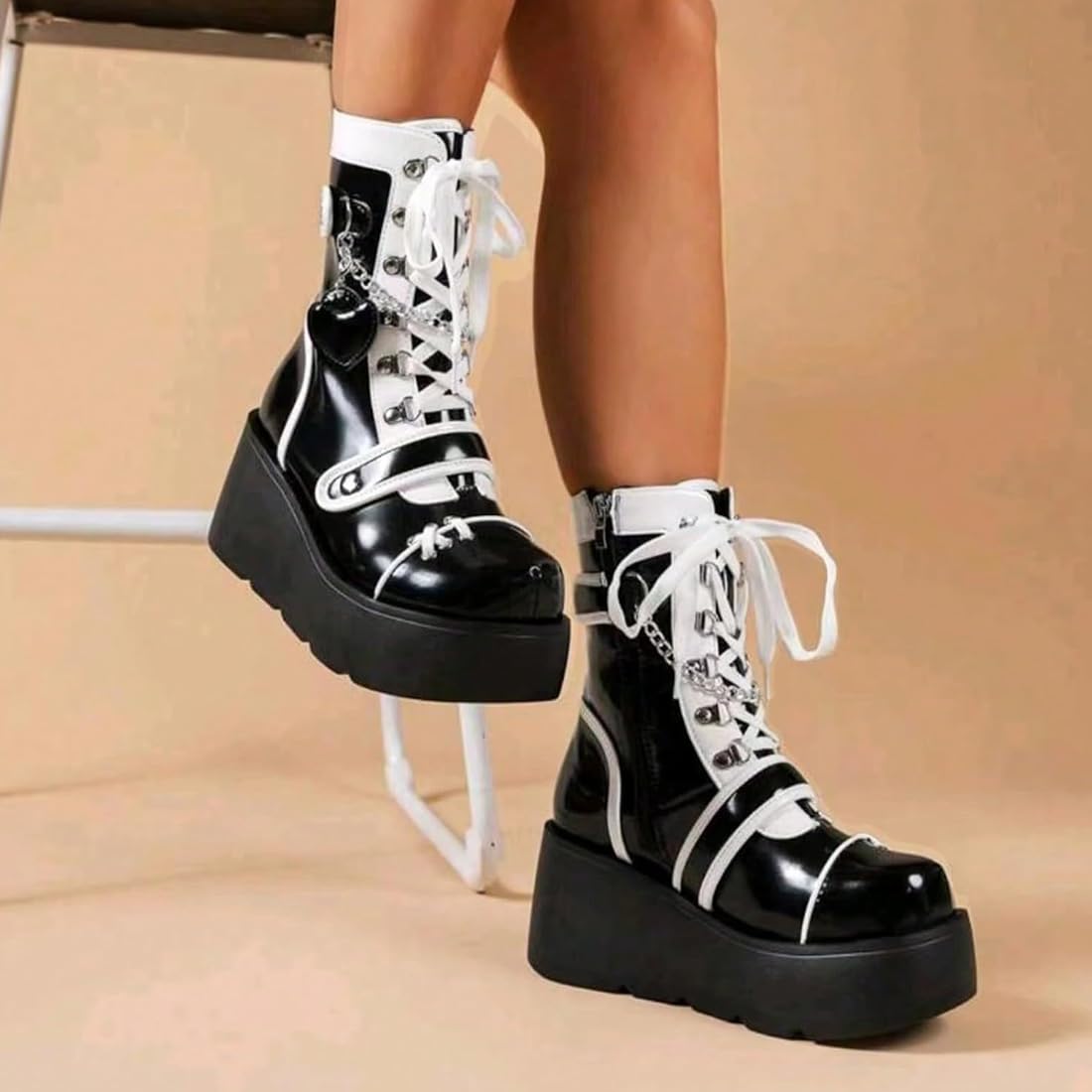 XYKHUI Goth Platform Buckle Boots for Women's Chunky High Heel Lace Up Punk Motorcycle Combat Boots with Chain Black