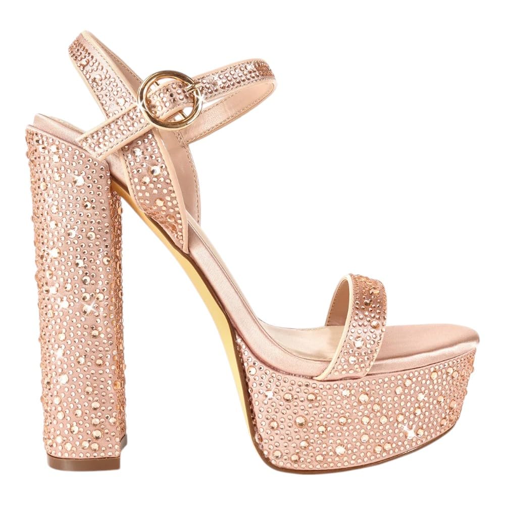 Liliana Womens Rhinestones Ankle Strap Chunky High Heels Sandals Fabiosa Nude