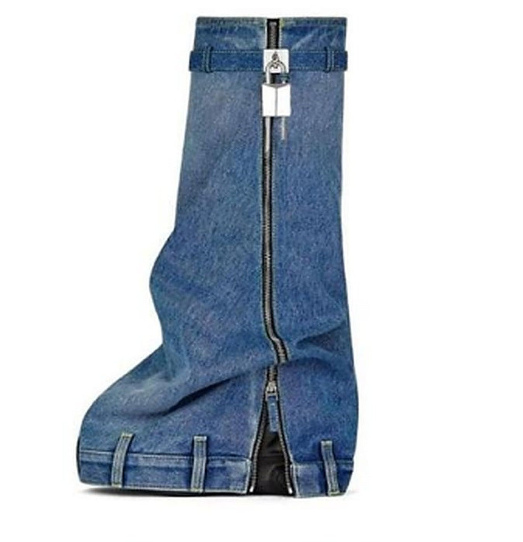 LEMONADE Women Denim Fold Over Platform Knee High Boots with Padlock Smarty Pants Denim