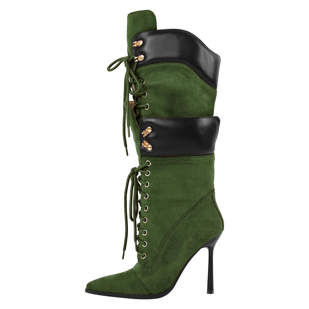 Richealnana Women's Double Lace Pointed Toe Stilettos Straps Up Strappy Knee High Boots Sexy Slim Heel Fashion Cool Biker Cosplay Mid Calf Booties Green US 5