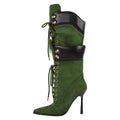 Richealnana Women's Double Lace Pointed Toe Stilettos Straps Up Strappy Knee High Boots Sexy Slim Heel Fashion Cool Biker Cosplay Mid Calf Booties Green US 5