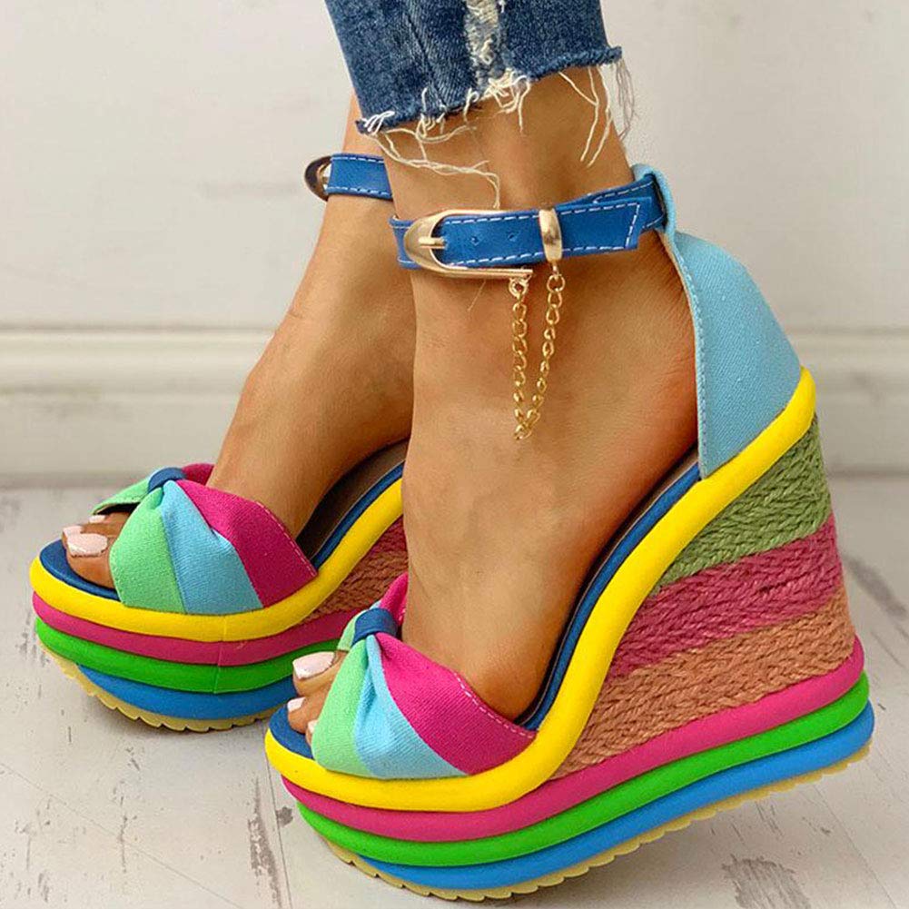 SaraIris Sandals for Women Gladiator Ankle Strap High Heel Platform Shoes Wedge Rainbow Sandals for Women Blue