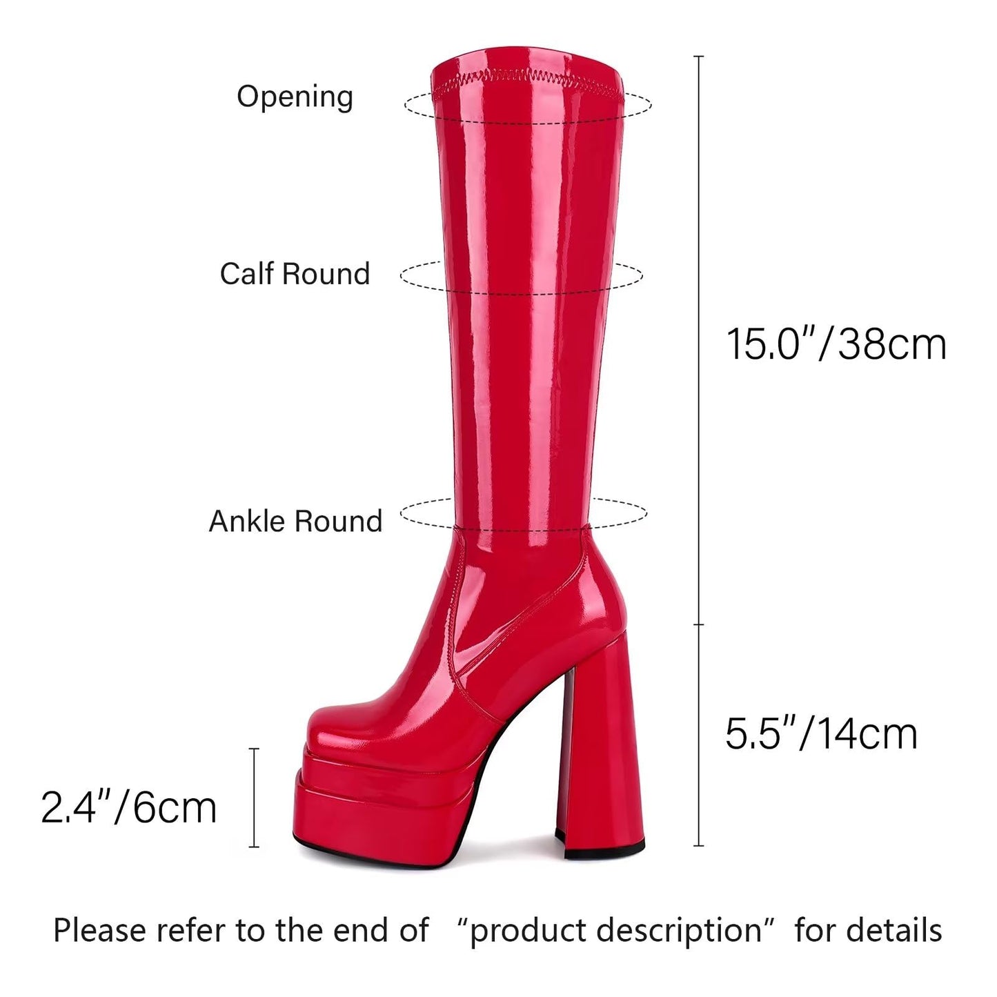 wetkiss Red Patent Platform Knee High Boots Women Red Women's Knee-high Gogo Boots Chunky Long 70s Boot Stretch Patent Leather Square Toe Party Festival Cosplay