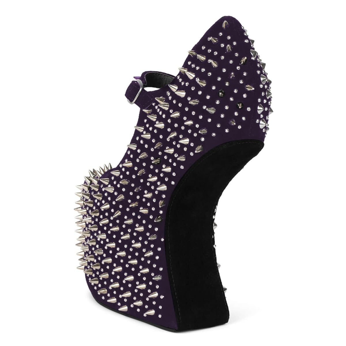 FSJ Women Spikes Wedge Heel Pumps Rivet Studded Covered Ultra High Platform Closed Round Toe Ankle Strap Shoes for Sexy Party Events Size 7.5 Purple