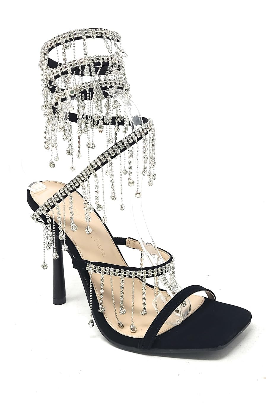 Wild Diva Women's Narala-51 Chandelier Embellished Rhinestone Spiral Coil Wrap Around Stiletto Heels (Black Nubuck, US Footwear Size System, Adult, Women, Numeric, Medium, 8)