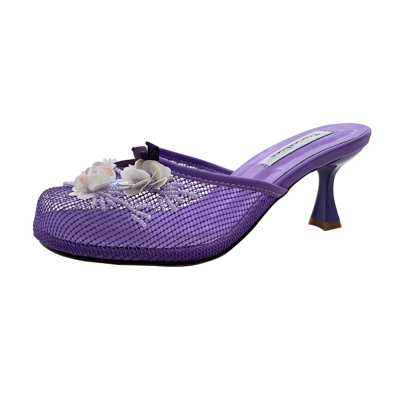 Tracieshoes Women's Mesh Mule Slip On Sandals With Floral Sequin Embellishments Round Toe Middle 2.5 Inch Heel Slides Slippers Purple