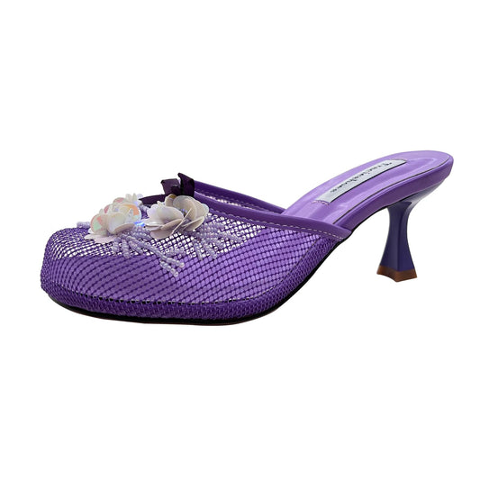 Tracieshoes Women's Mesh Mule Slip On Sandals With Floral Sequin Embellishments Round Toe Middle 2.5 Inch Heel Slides Slippers Purple