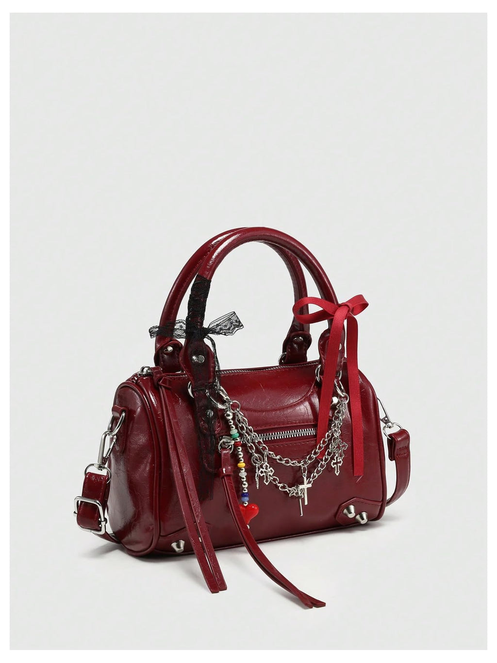 RoseSeek Women's Y2k Rivets Bag with Bowknot Beaded Chain Decor Cute Crossbody Bag Handbags Burgundy One Size