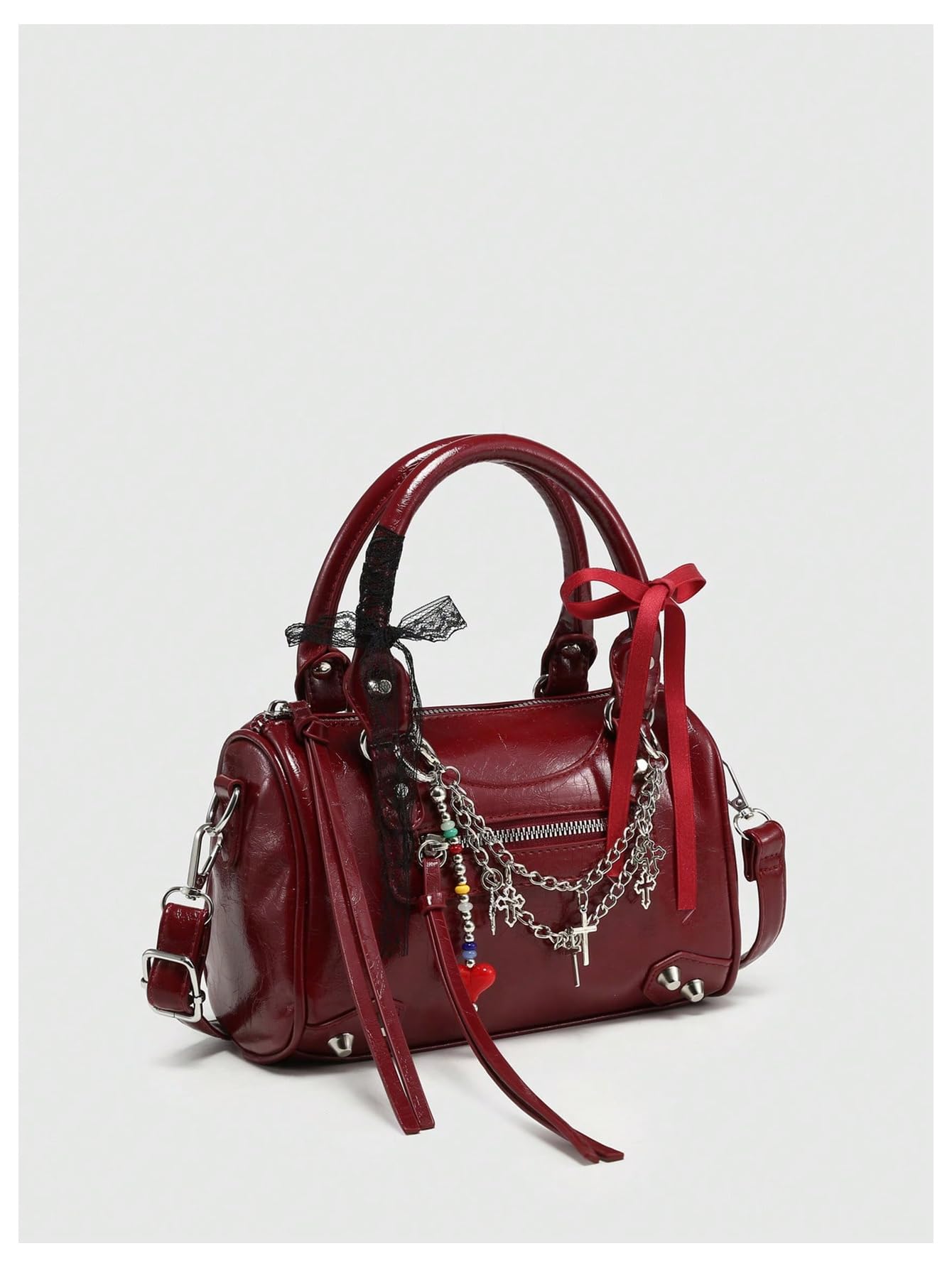 RoseSeek Women's Y2k Rivets Bag with Bowknot Beaded Chain Decor Cute Crossbody Bag Handbags Burgundy One Size