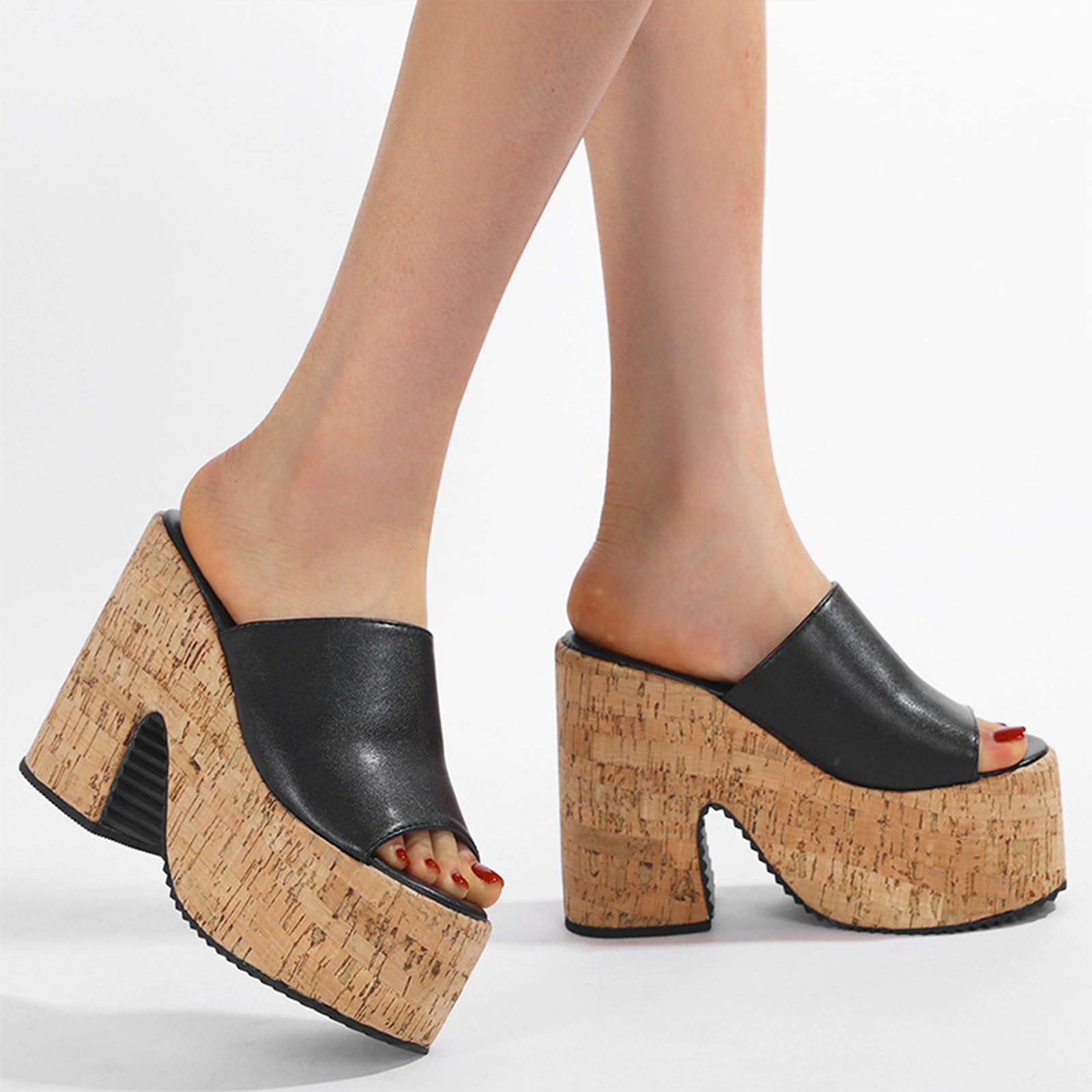 ADKGBE Women's Cork Platform Open Round Toe High Chunky Heel Mules Sandals Sexy Backless Comfortable Slip On Non-slip Dress Summer High Heel Sandals fot Party Dance Wedding Shoes