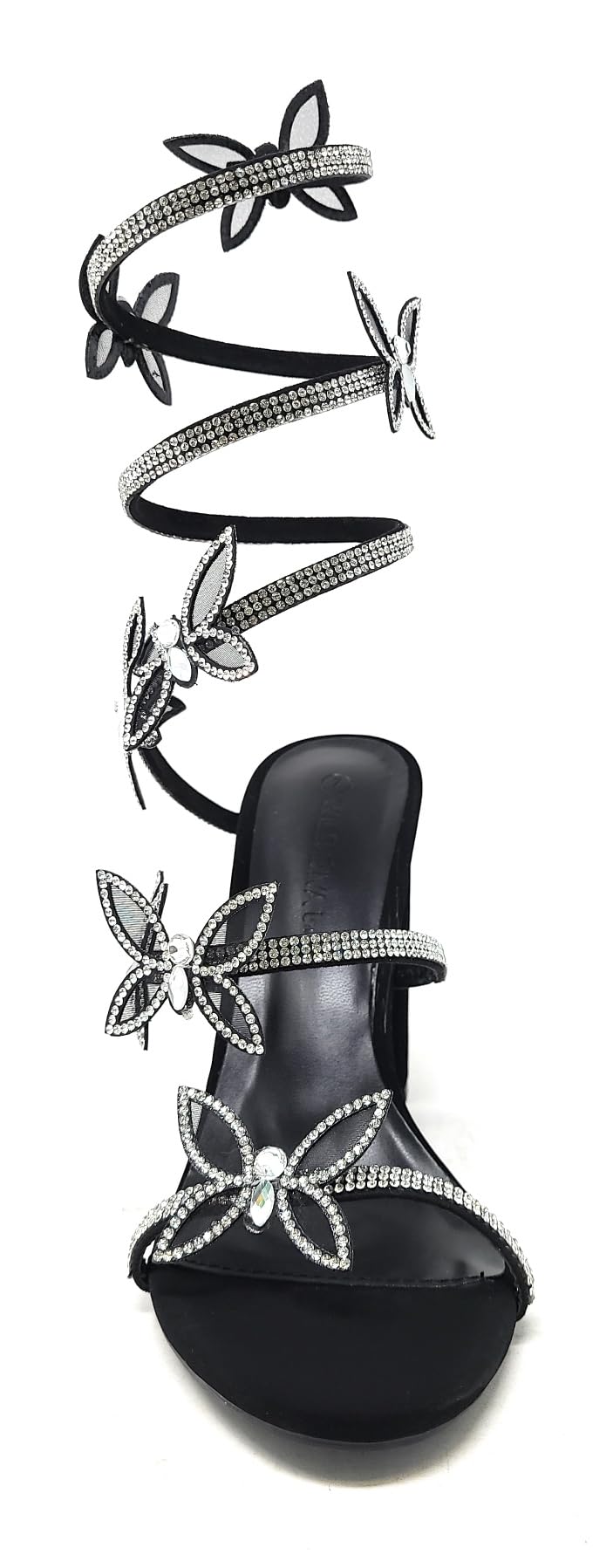 Wild Diva Women's Embellished Rhinestone Butterfly Spiral Coil Wrap Around Chunk Heel Morris-581 (Black Nubuck