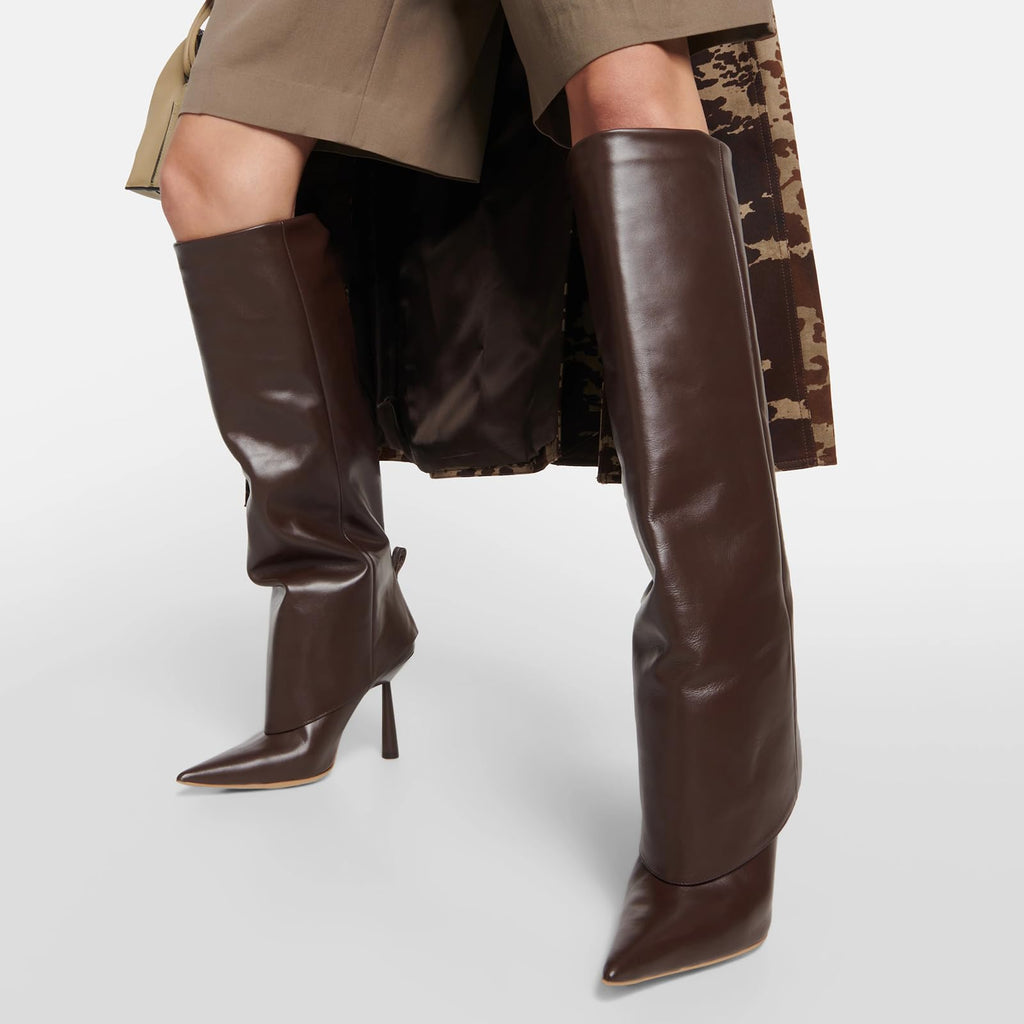 Vertundy Women's Fold Over Boots - Pointed Toe Stiletto Heel Slip On Knee High Boot Fashion Sexy Dress Boot Size 8