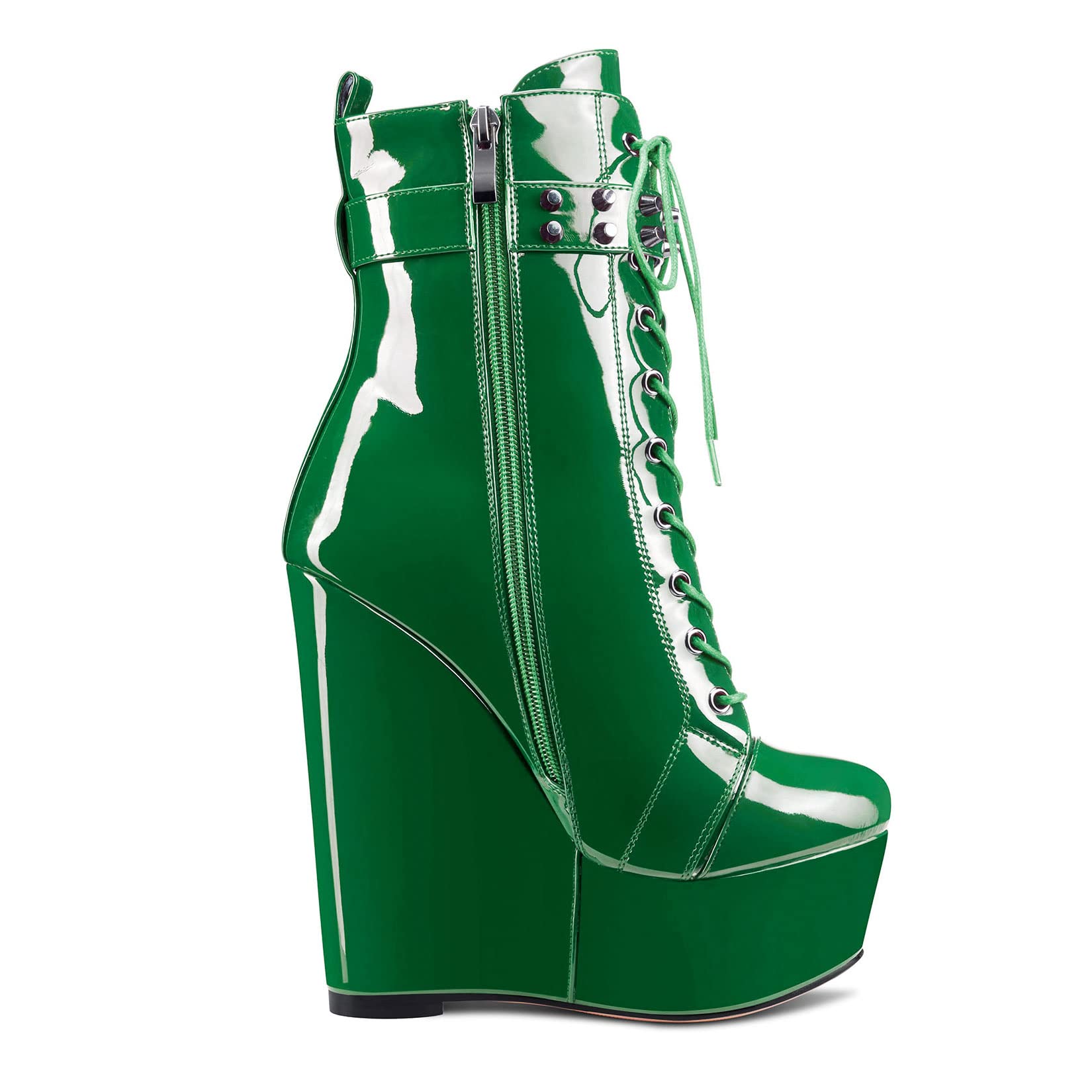 Aachcol Women Wedge Platform High Heel Ankle Boots Short Bootie Round Close Toe Lace-up Shoes Rivets Buckle Patent Deep Green 6 Inch