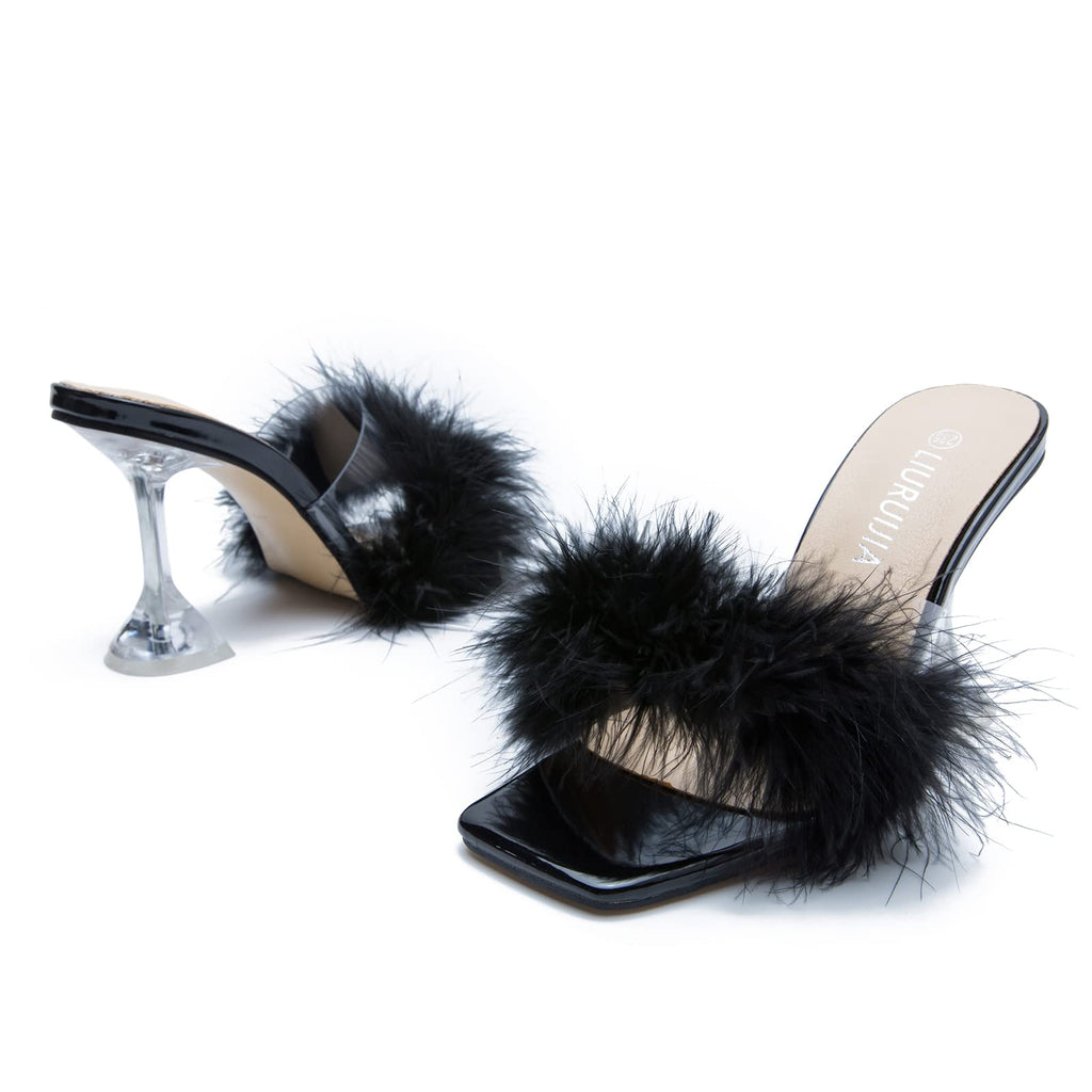 LIURUIJIA Feather High Heel Mules Sandals for Women Slip On Square Toe Clear Tapered Chunky Heels Fuzzy Fluffy Bridal Wedding Party Sexy Shoes Black