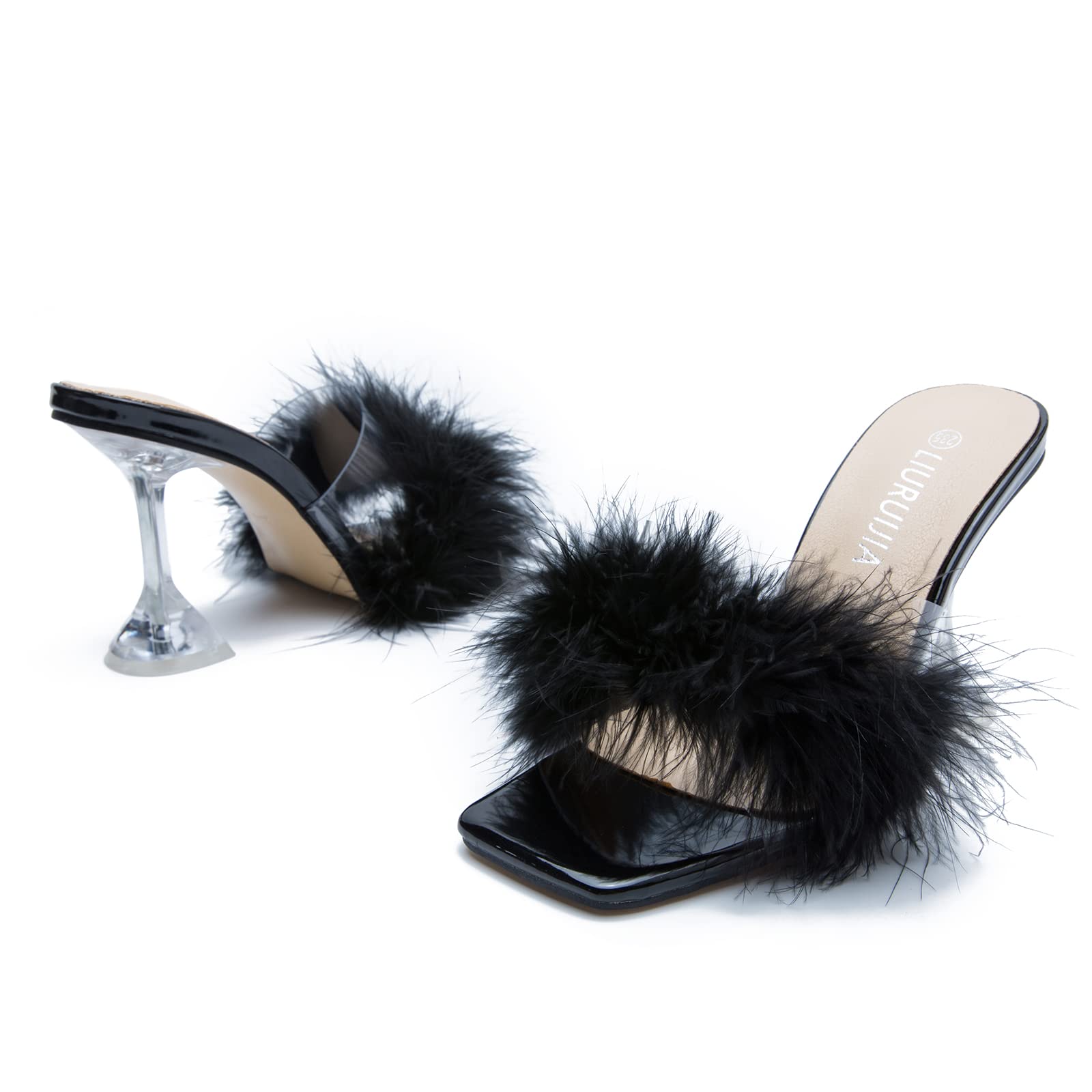 LIURUIJIA Feather High Heel Mules Sandals for Women Slip On Square Toe Clear Tapered Chunky Heels Fuzzy Fluffy Bridal Wedding Party Sexy Shoes Black