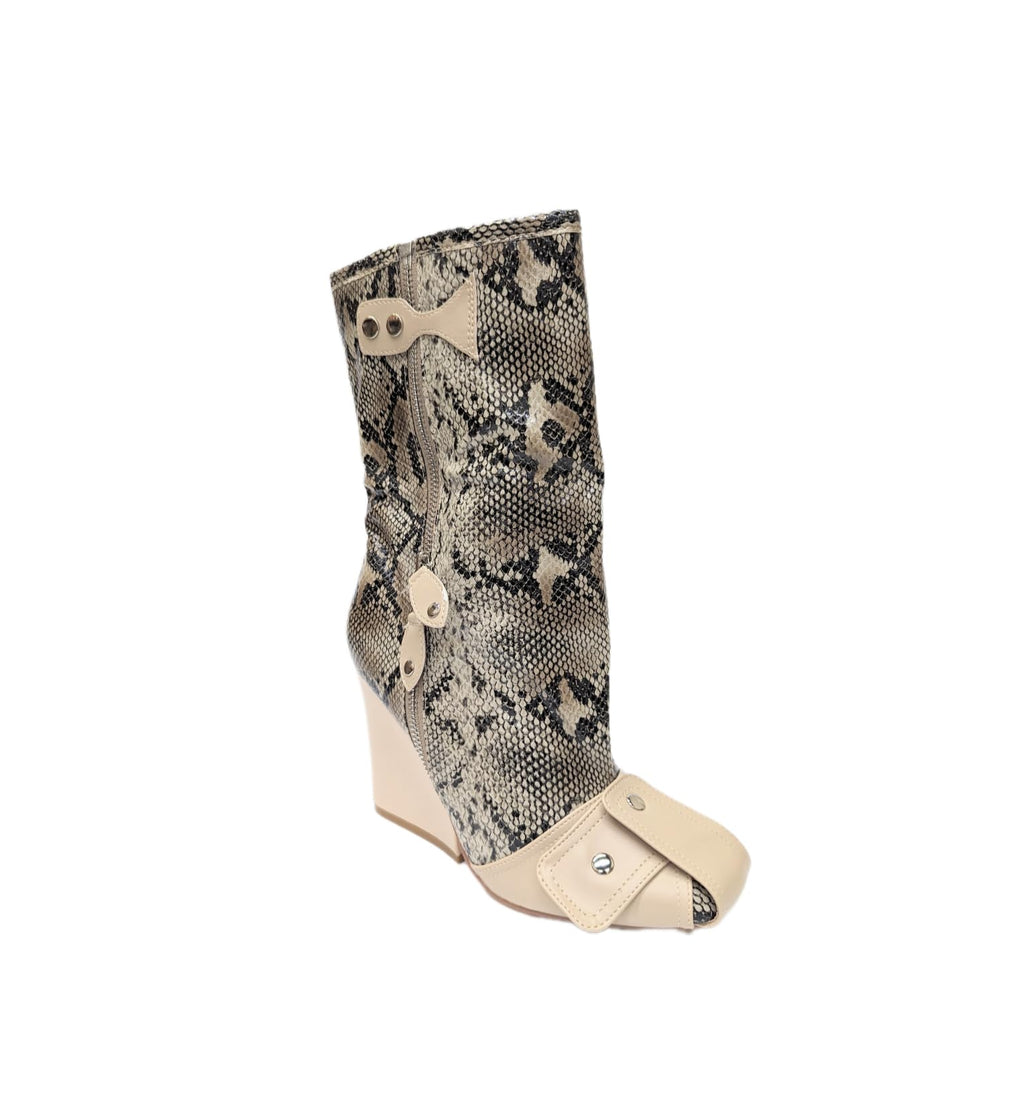 LEMONADE women Buckle Detail Square Toe Wedge Heel Ankle Boot Mayu Snake PU