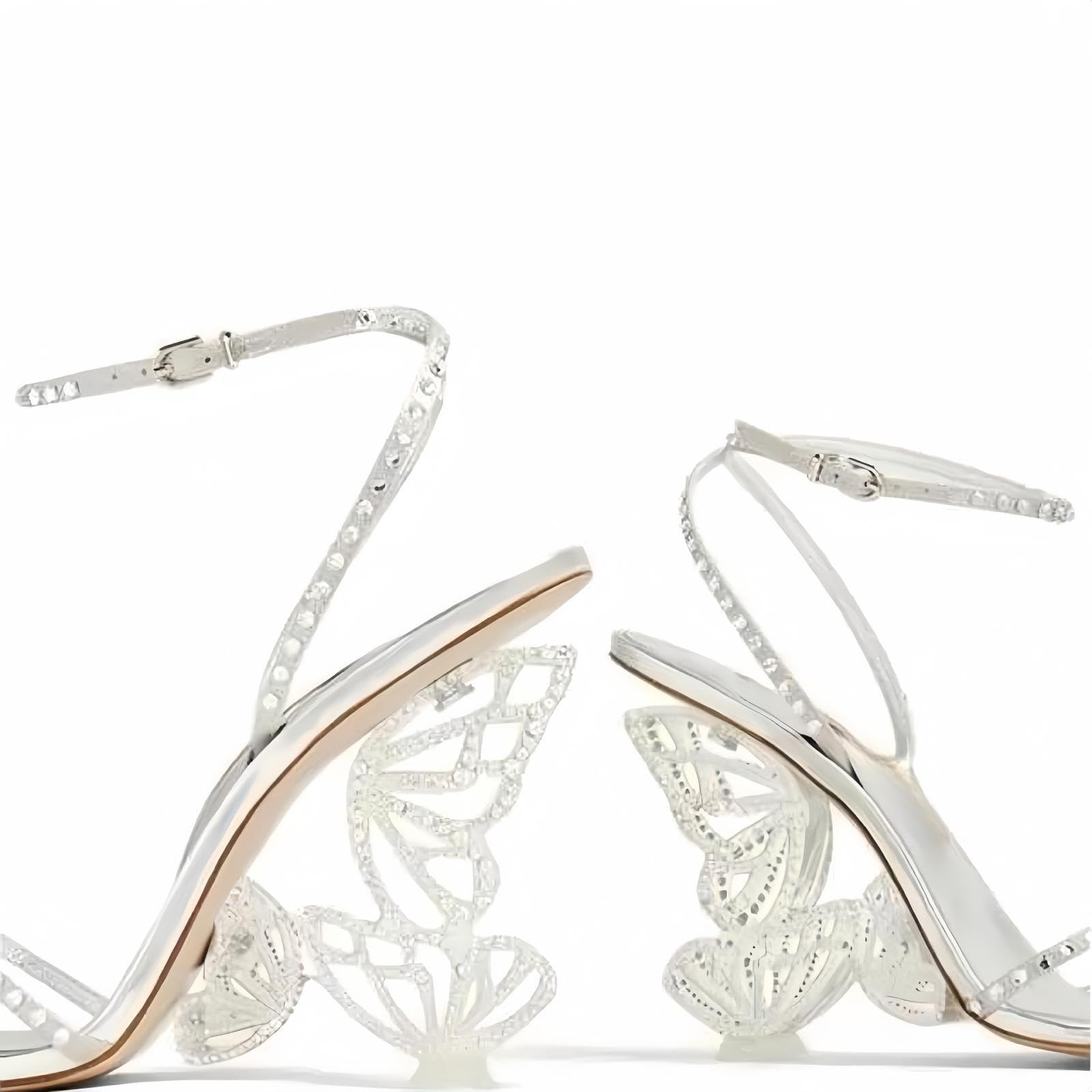 Longwenxuan Glitter Rhinestone Furry Lace Up Butterfly Stilletos Heels Sandals for Women,Women's Open Pointed High Heels Strappy Sandals Adjustable Ankle Strap Buckles Elegant Wedding Sandals Dress