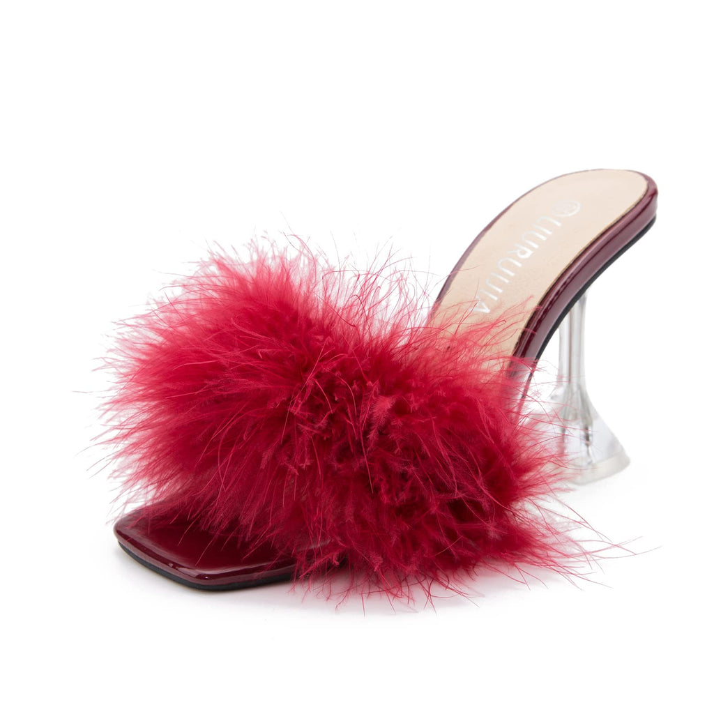 LIURUIJIA Feather High Heel Mules Sandals for Women Slip On Square Toe Clear Tapered Chunky Heels Fuzzy Fluffy Bridal Wedding Party Sexy Shoes Wine Red