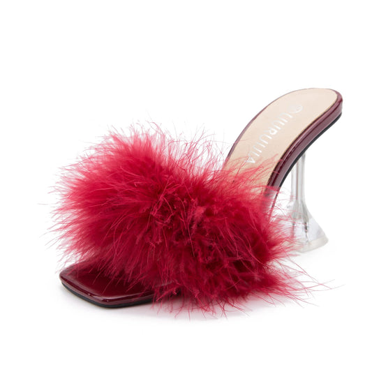LIURUIJIA Feather High Heel Mules Sandals for Women Slip On Square Toe Clear Tapered Chunky Heels Fuzzy Fluffy Bridal Wedding Party Sexy Shoes Wine Red 39 US 7.5