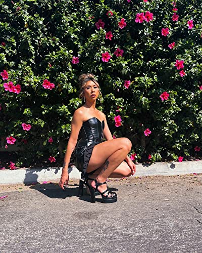 richealnini Double Platform Sandals with Buckles Square Open Toe Block Chunky Heels T-strap Adjustable Buckle Up Roman Fisherman Strappy Heels Ankle Strap Gladiator Pumps Outside Wedding Black Size 9