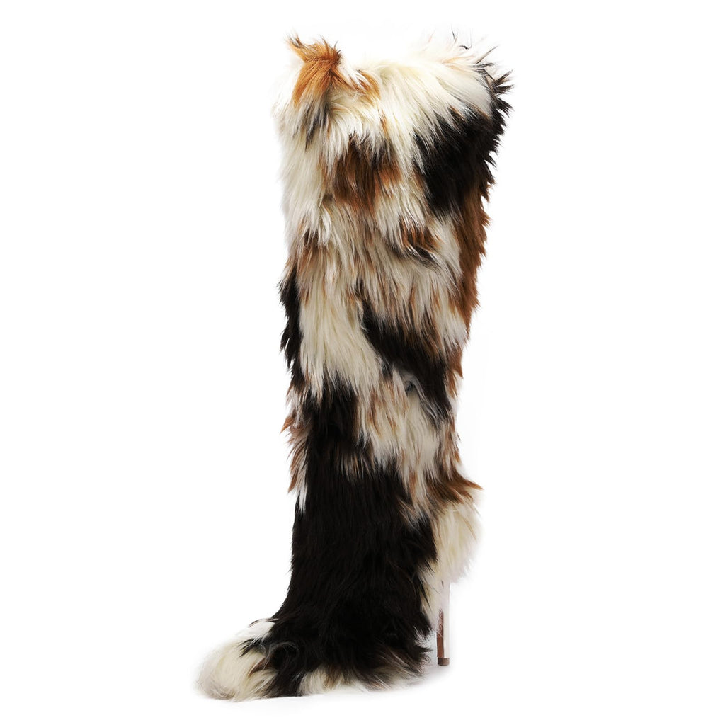 FancyQueen Faux Fur Boots for Women Knee High Furry Heel Boots Fashion Pointed Toe Snow Winter Boot Warm Women Boot