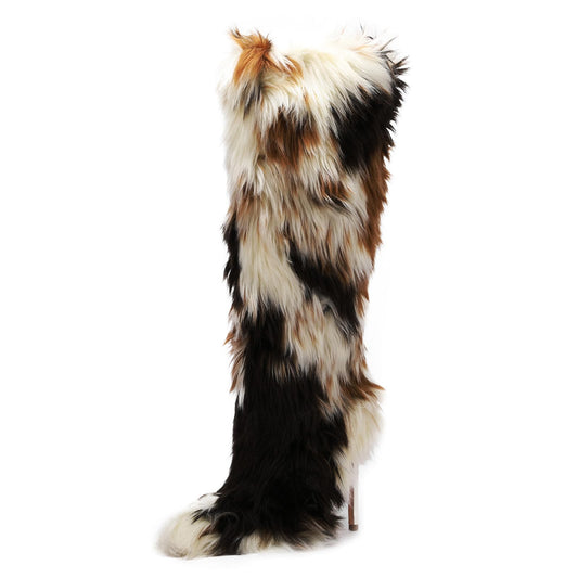 FancyQueen Faux Fur Boots for Women Knee High Furry Heel Boots Fashion Pointed Toe Snow Winter Boot Warm Women Boot