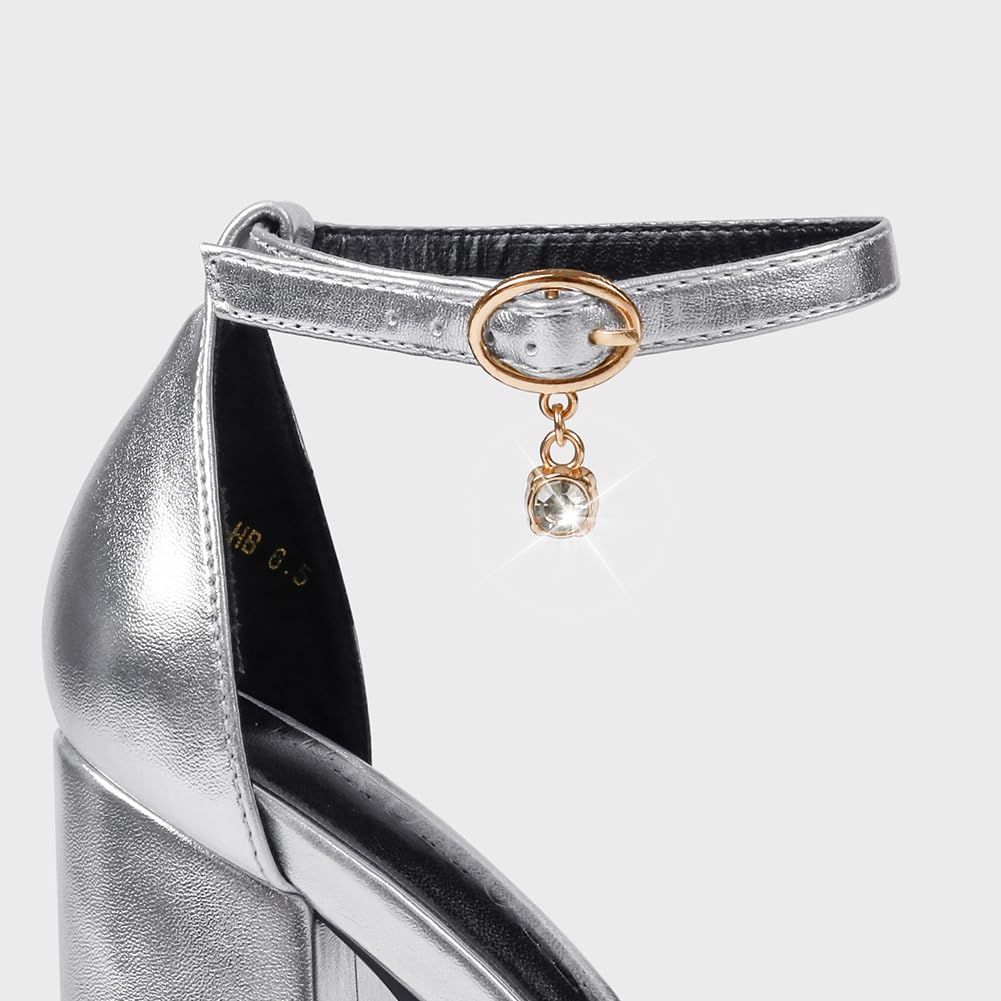 MERUMOTE Womens Sexy High Heels Platforms Pumps Square Toe Chunky Block Heels Rhinestone Party Shoes Silver PU