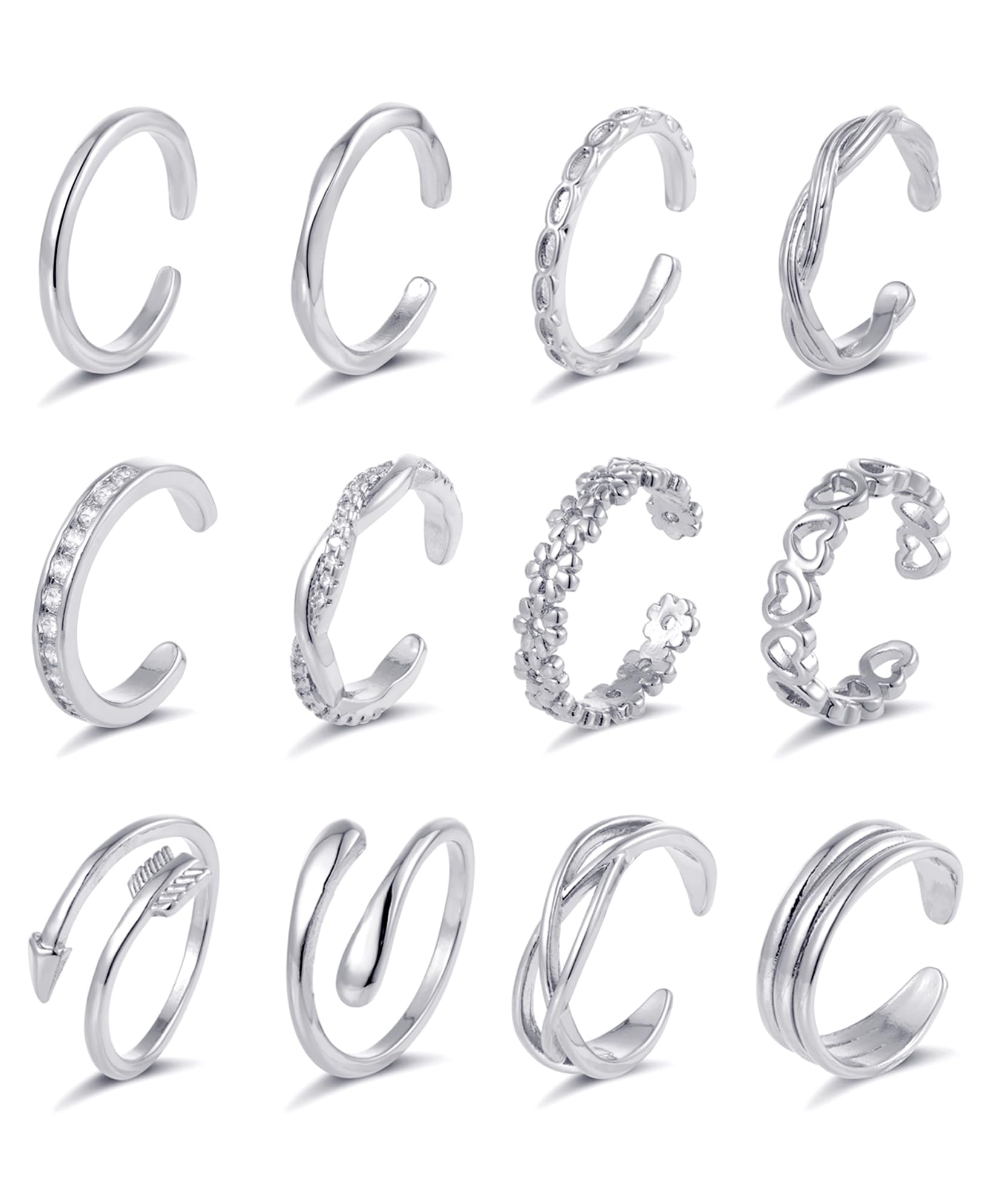 Ofeiyaa 12PCS 18k Gold Plated Open Toe Rings CZ Twist Arrow Celtic Knot Flower Heart Thin Band Ring Vintage Knuckle Finger Stacking Tail Ring Pack Summer Beach Foot Jewelry Set For Women Adjustable