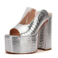 Makmeoyw Platform Heels Slippers Slip On Show Slingback Chunky Heels Sparkly Sandals Square Toe Mules Open Toe High Heels Slide-on Sandals Silver