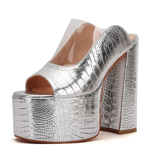 Makmeoyw Platform Heels Slippers Slip On Show Slingback Chunky Heels Sparkly Sandals Square Toe Mules Open Toe High Heels Slide-on Sandals Silver Size 39