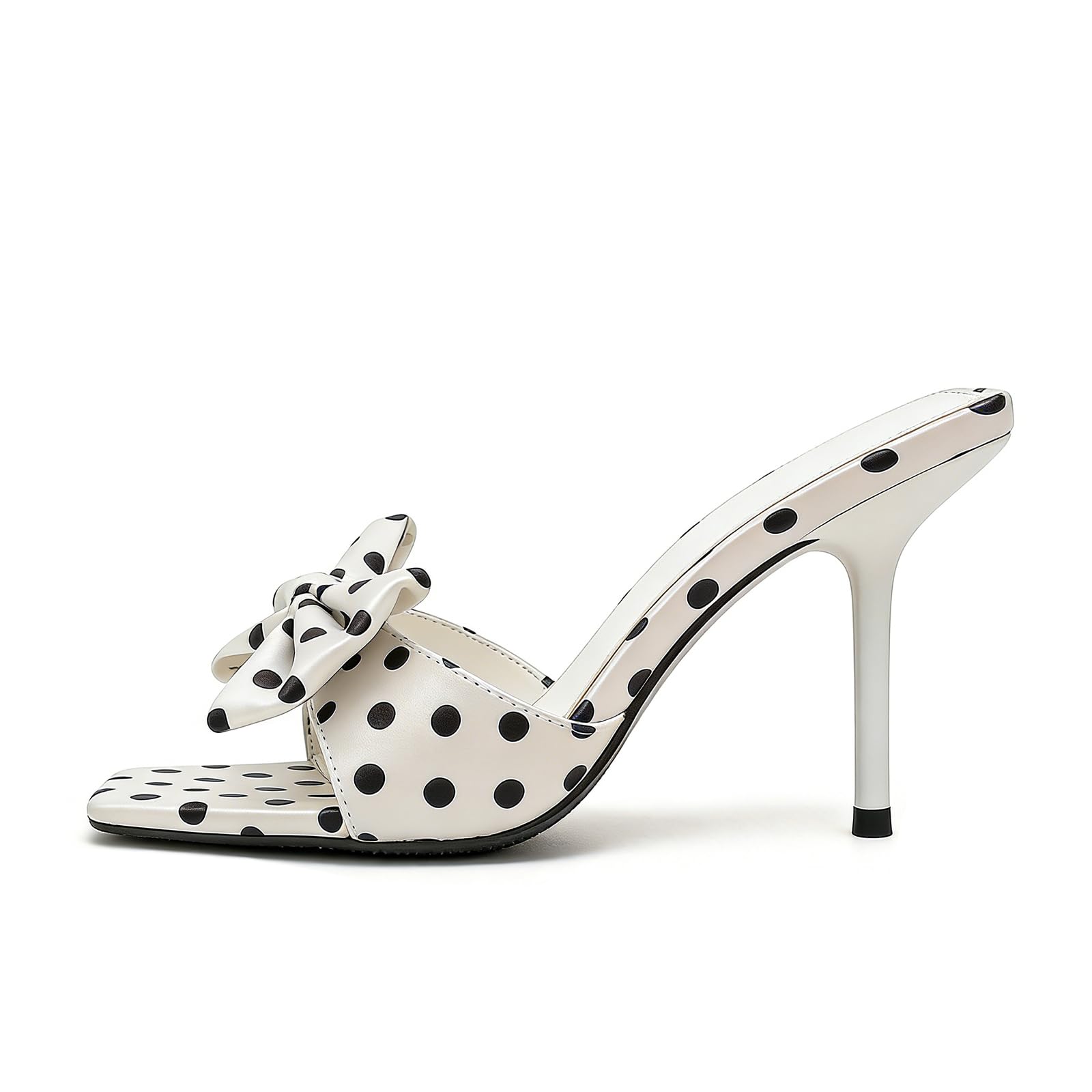 BGSMGISKD Women'S Satin Polka Dot Bow Stiletto Slide Sandals Sexy Square Open Toe High Heel Elegant Dress Mule Sandals for Fashion Prom Party Summer Wedding (White/3.54in,8)