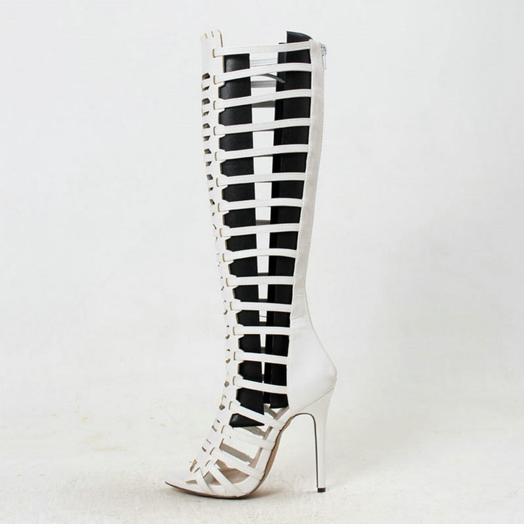 Minishion Gladiator Sandals for Women Tall Heels Stiletto Knee High Summer Boots Shoes TM029 White US 8