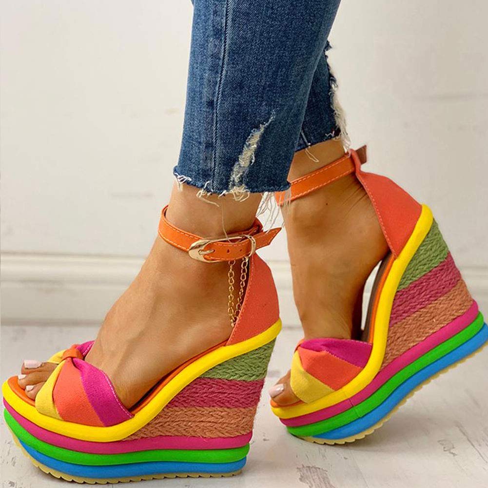 SaraIris Sandals for Women Gladiator Ankle Strap High Heel Platform Shoes Wedge Rainbow Sandals for Women Orange