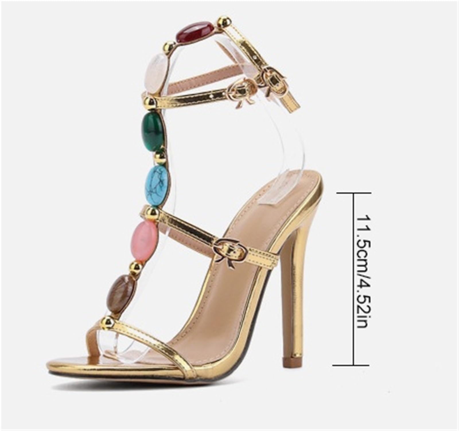 Gikleihwy Women's Jeweled Ankle Strap Stiletto Heels, Gladiator Open Toe Ankle Strap Heeled Sandals Summer Slip on Casual Dress Sexy Shoes for Party Wedding Vacation(Black,8.5 US)